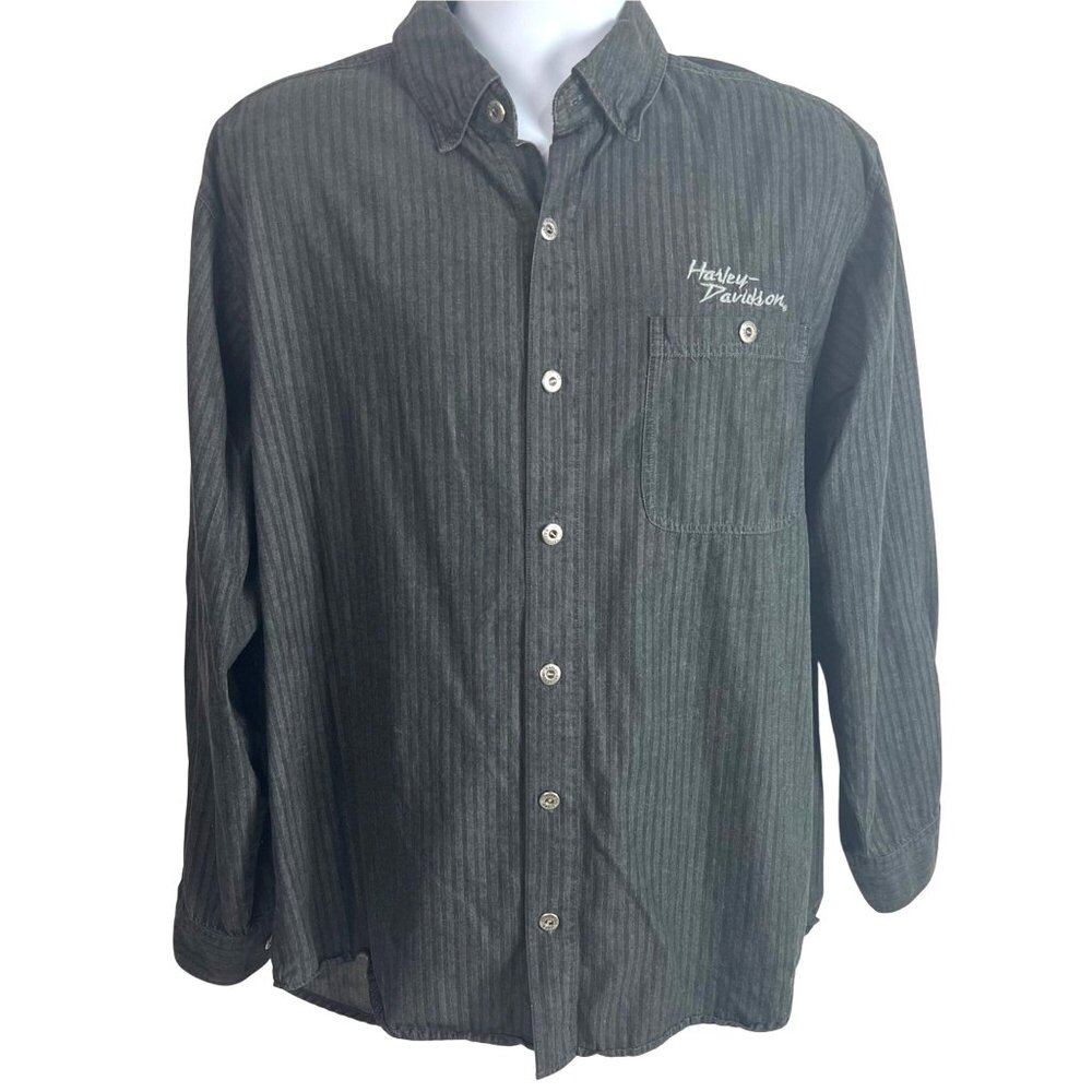 Harley Davidson Black Vertical Striped 100% Cotton Button-Up Shirt XL Logo